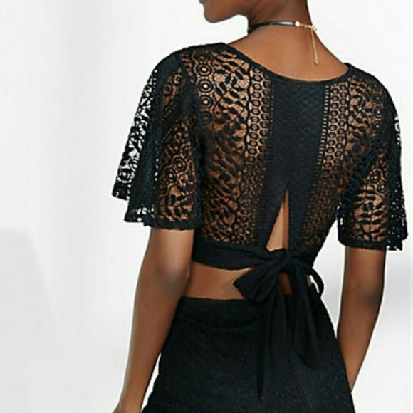 Black Lace Open Tie Back Crop Top - Picture 4 of 6